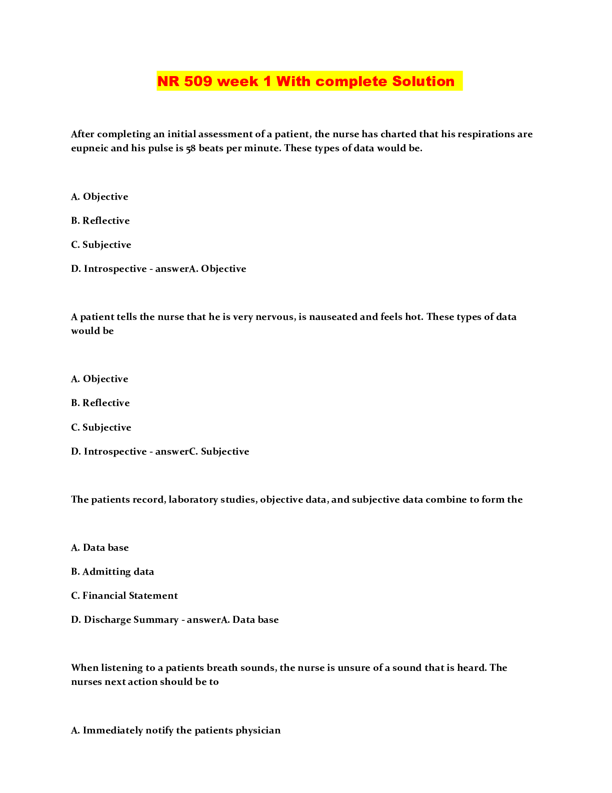 Preview image of NR 509 week 1 With complete Solution document